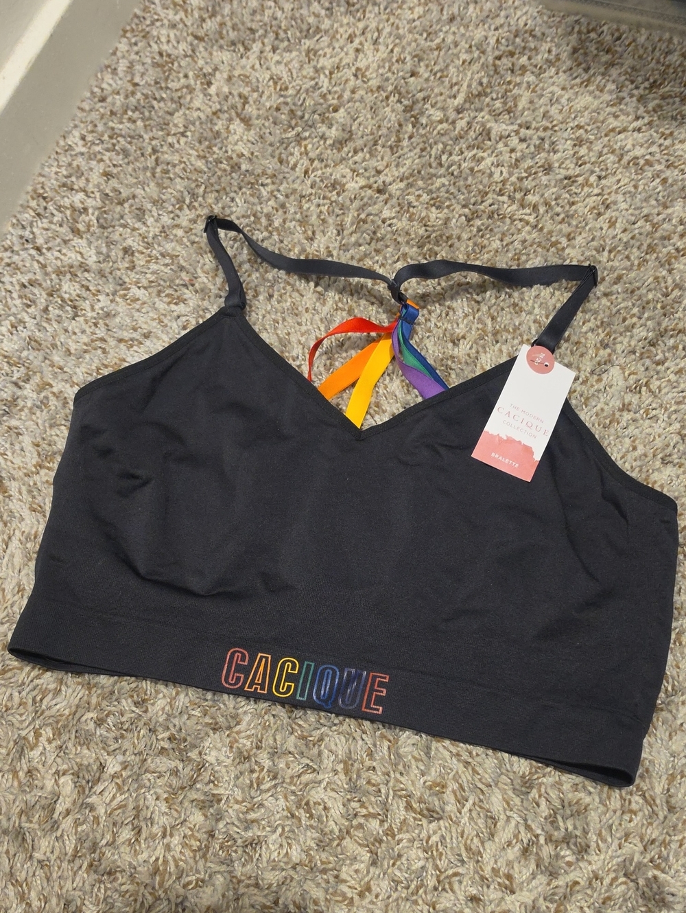 Cacique Black Bralette with Rainbow Strap Accents